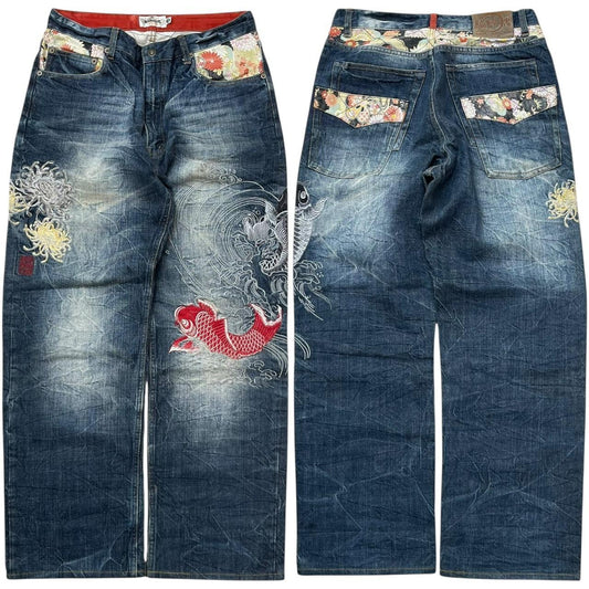 Authentic Karakuri Embroidery Koi Fish Jeans