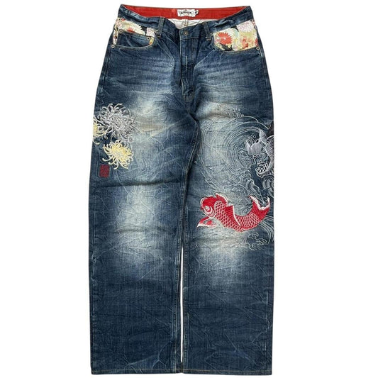 Authentic Karakuri Embroidery Koi Fish Jeans